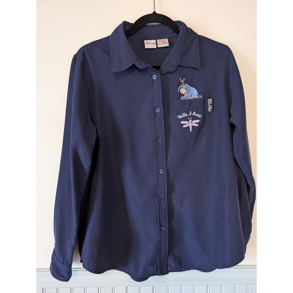 Disney Store Eeyore Button Down Shirt Women Medium Blue Soft Dragonfly Donkey